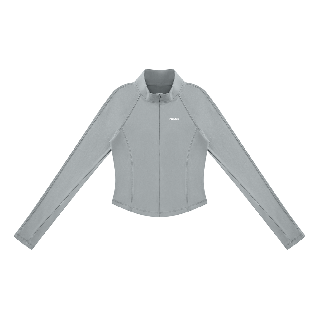 Vorderansicht des PULSE SPECTRE Quarter-Zip Longsleeves für Damen in Grau mit körpernahem Schnitt und langen Raglanärmeln.