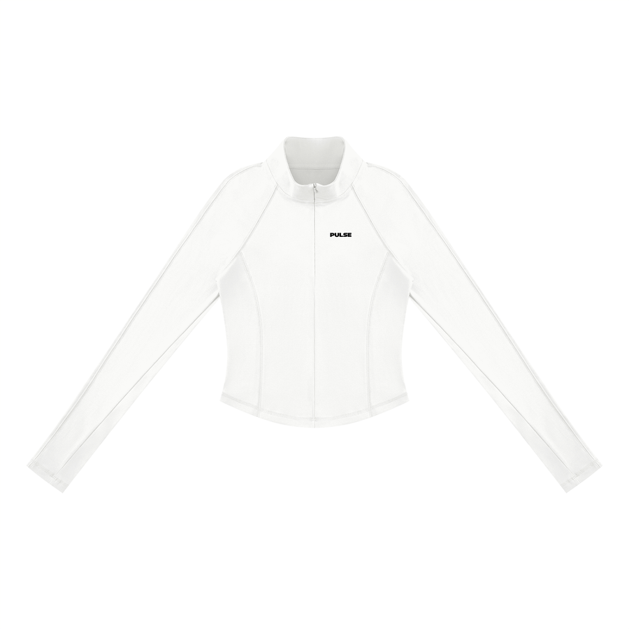 Vorderansicht des PULSE SPECTRE Quarter-Zip Longsleeves für Damen in Weiß mit körpernahem Schnitt und langen Raglanärmeln.