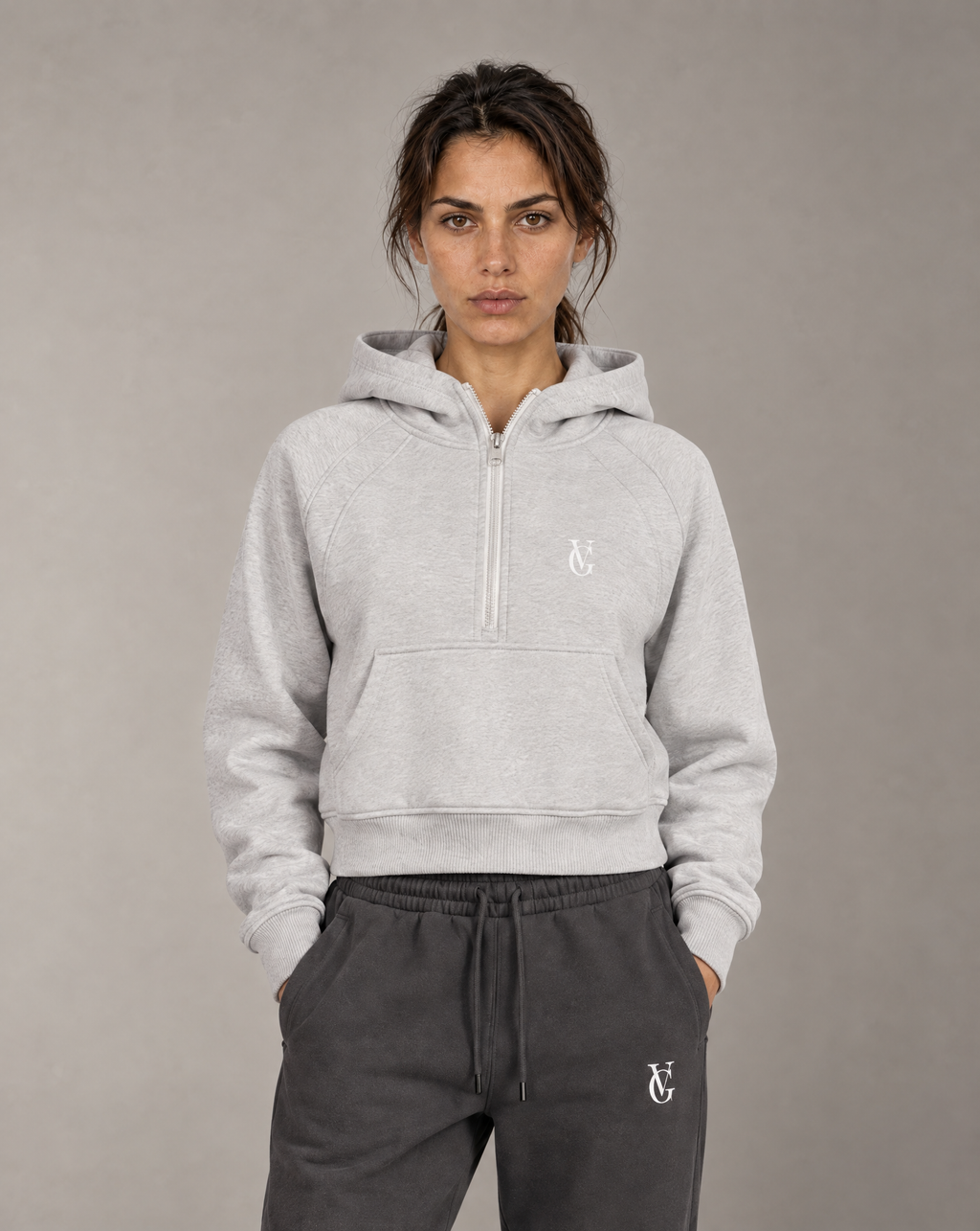 Golden Vein Cropped Half-Zip Hoodie – Cold Grey – Produktansicht 1