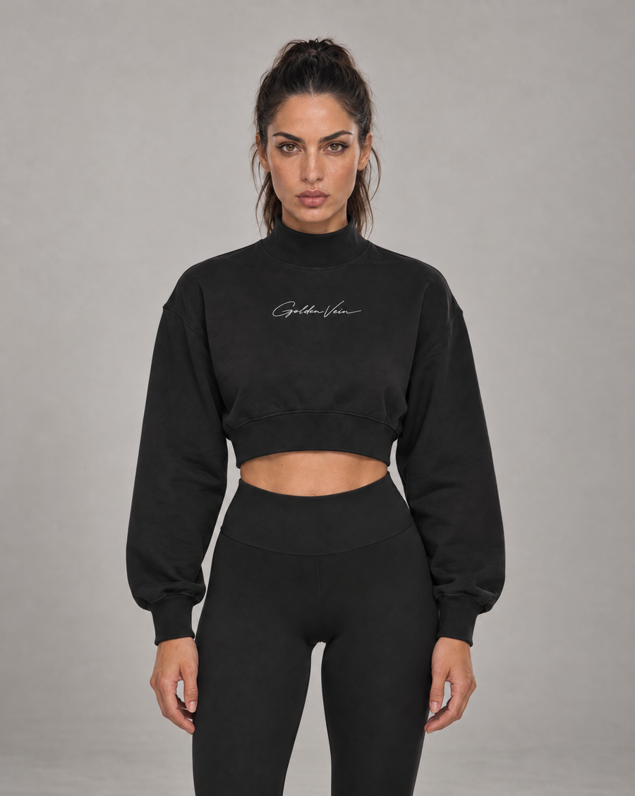 Golden Vein Cropped Mock Neck – Black