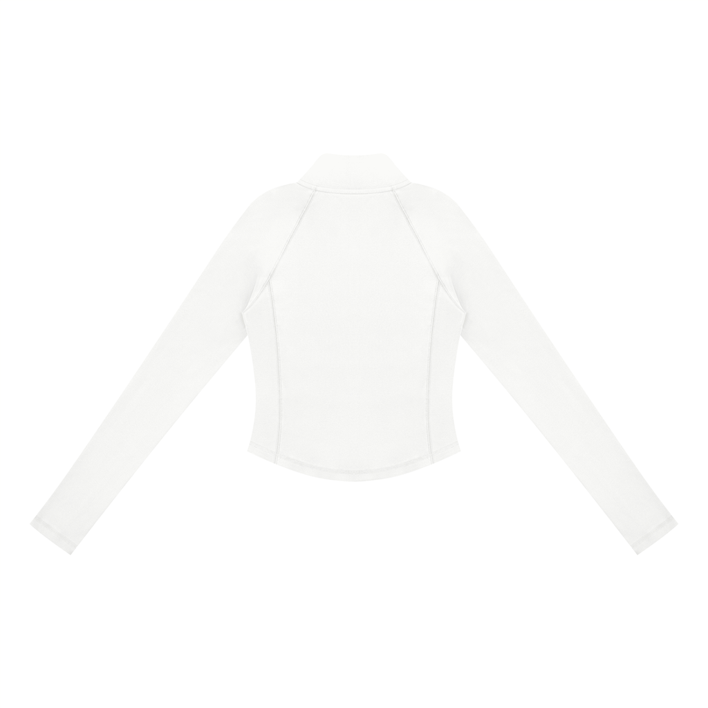Rückansicht des PULSE SPECTRE Quarter-Zip Longsleeves für Damen in Weiß mit körpernahem Schnitt und langen Raglanärmeln.