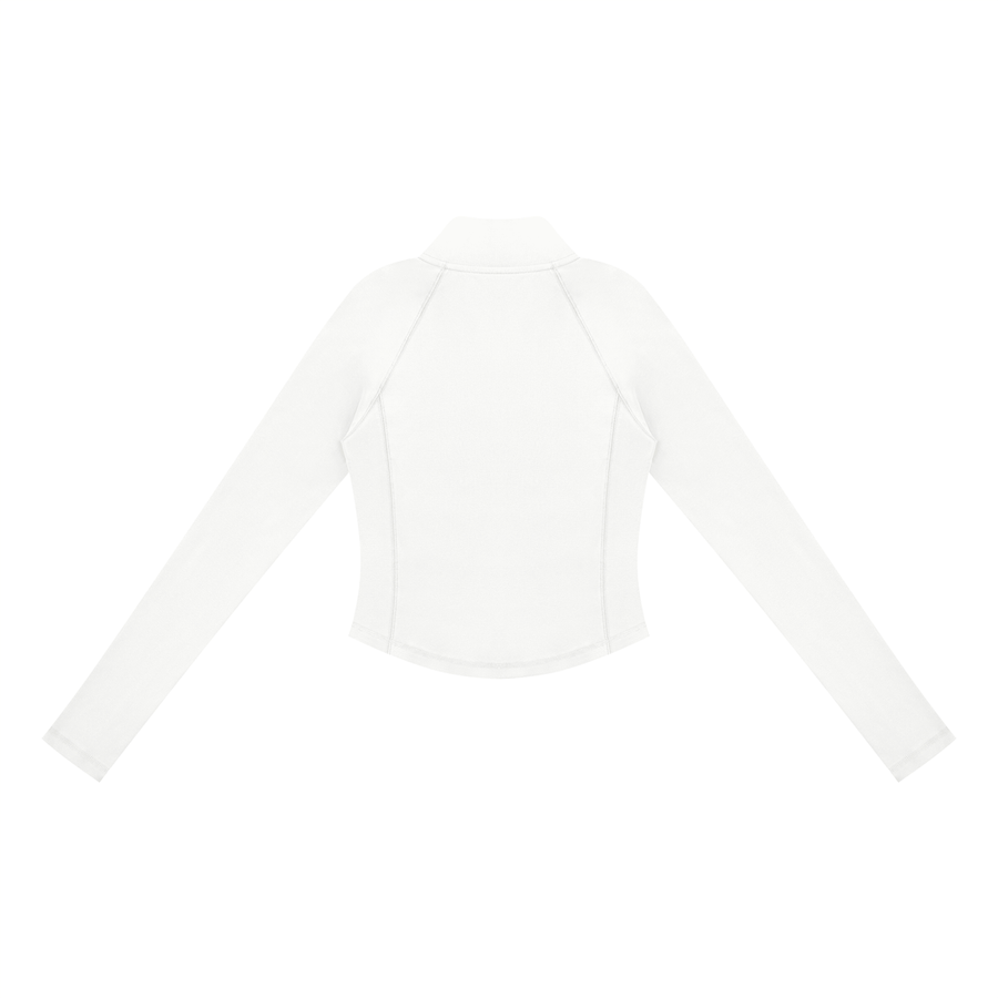 Rückansicht des PULSE SPECTRE Quarter-Zip Longsleeves für Damen in Weiß mit körpernahem Schnitt und langen Raglanärmeln.