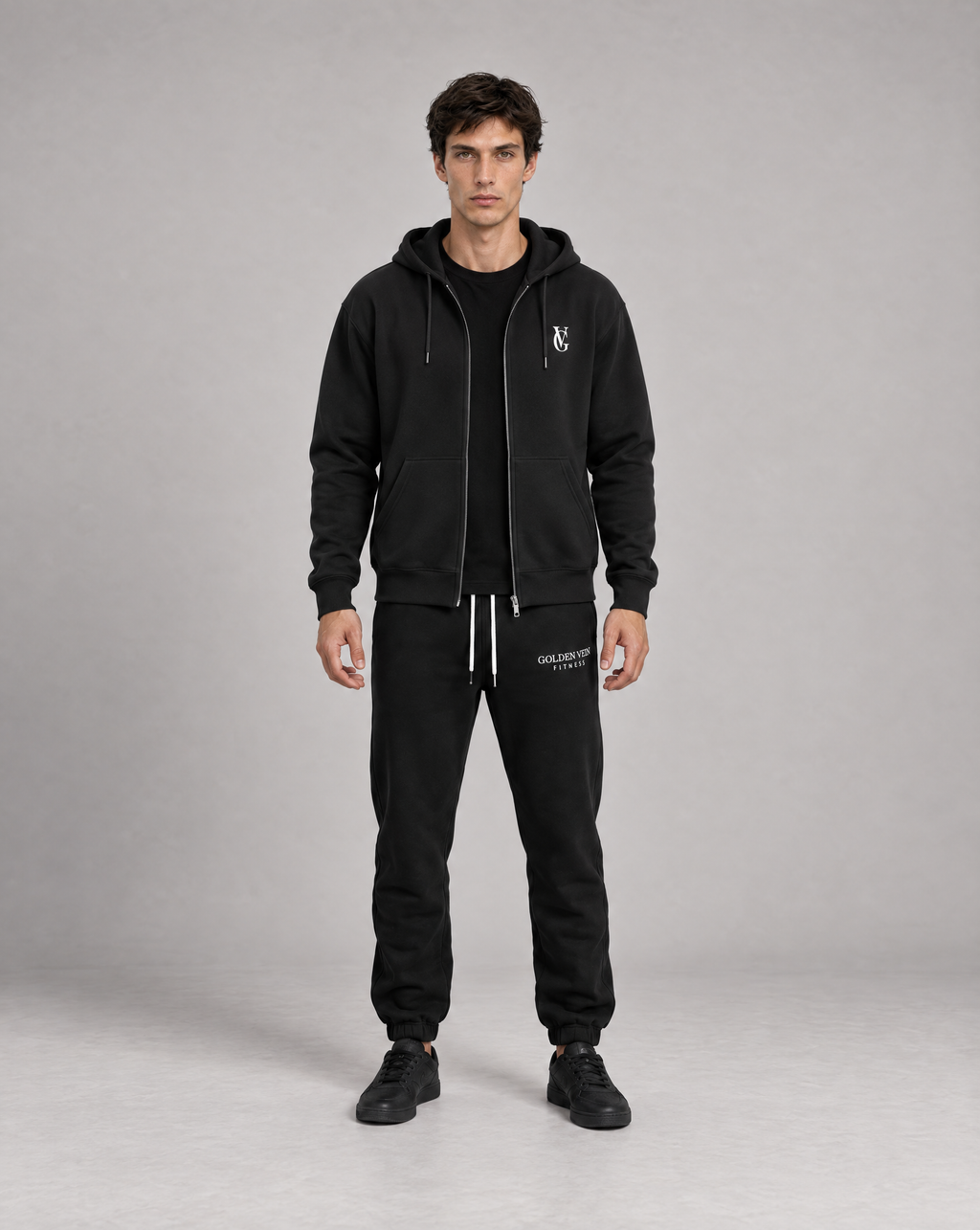 Be Ready To Lose It All Zip Hoodie und GV Premium Jogger Schwarz – Herren Frontansicht