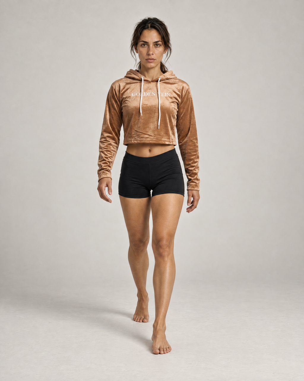 GV Velvet Cropped Hoodie Limited – walking view