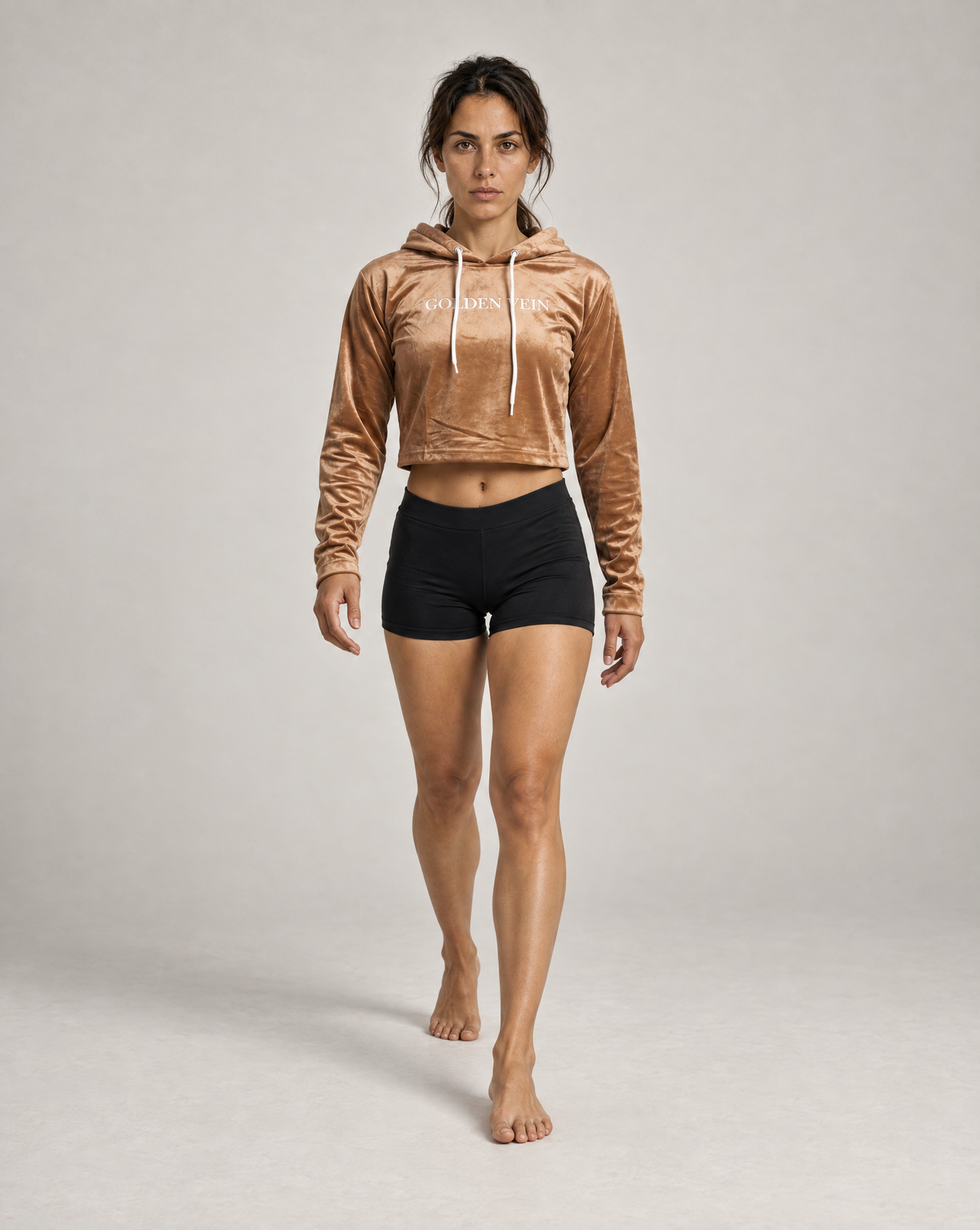 GV Velvet Cropped Hoodie Limited – walking view