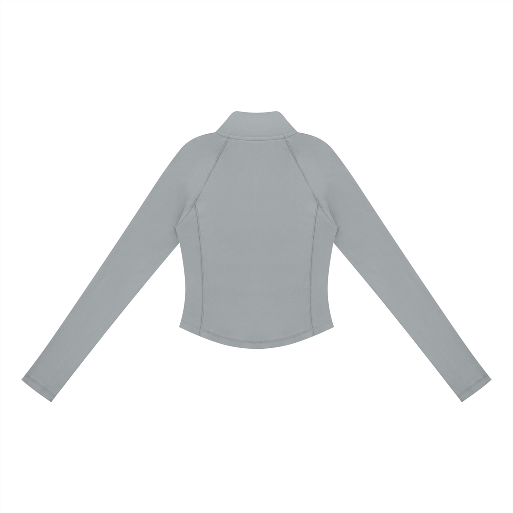 Rückansicht des PULSE SPECTRE Quarter-Zip Longsleeves für Damen in Grau mit körpernahem Schnitt und langen Raglanärmeln.