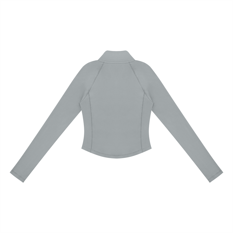 Rückansicht des PULSE SPECTRE Quarter-Zip Longsleeves für Damen in Grau mit körpernahem Schnitt und langen Raglanärmeln.