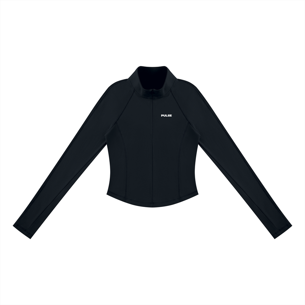 Vorderansicht des PULSE SPECTRE Quarter-Zip Longsleeves für Damen in Schwarz mit körpernahem Schnitt und langen Raglanärmeln.