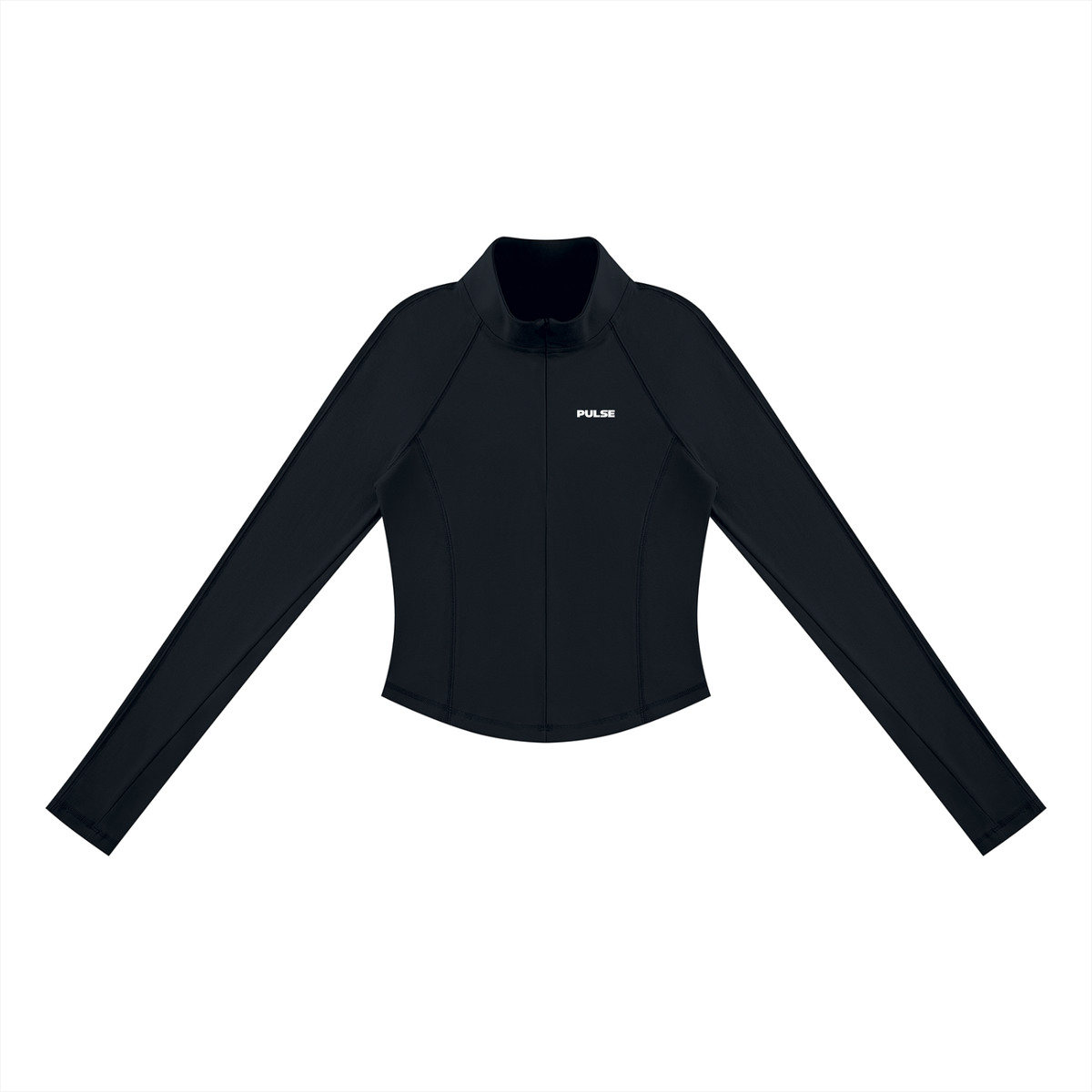 Vorderansicht des PULSE SPECTRE Quarter-Zip Longsleeves für Damen in Schwarz mit körpernahem Schnitt und langen Raglanärmeln.