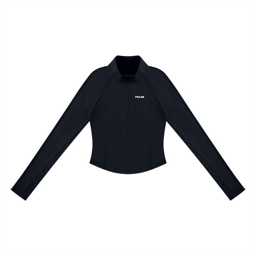 Vorderansicht des PULSE SPECTRE Quarter-Zip Longsleeves für Damen in Schwarz mit körpernahem Schnitt und langen Raglanärmeln.