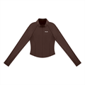 Vorderansicht des PULSE SPECTRE Quarter-Zip Longsleeves für Damen in Dunkelbraun mit körpernahem Schnitt und langen Raglanärmeln.