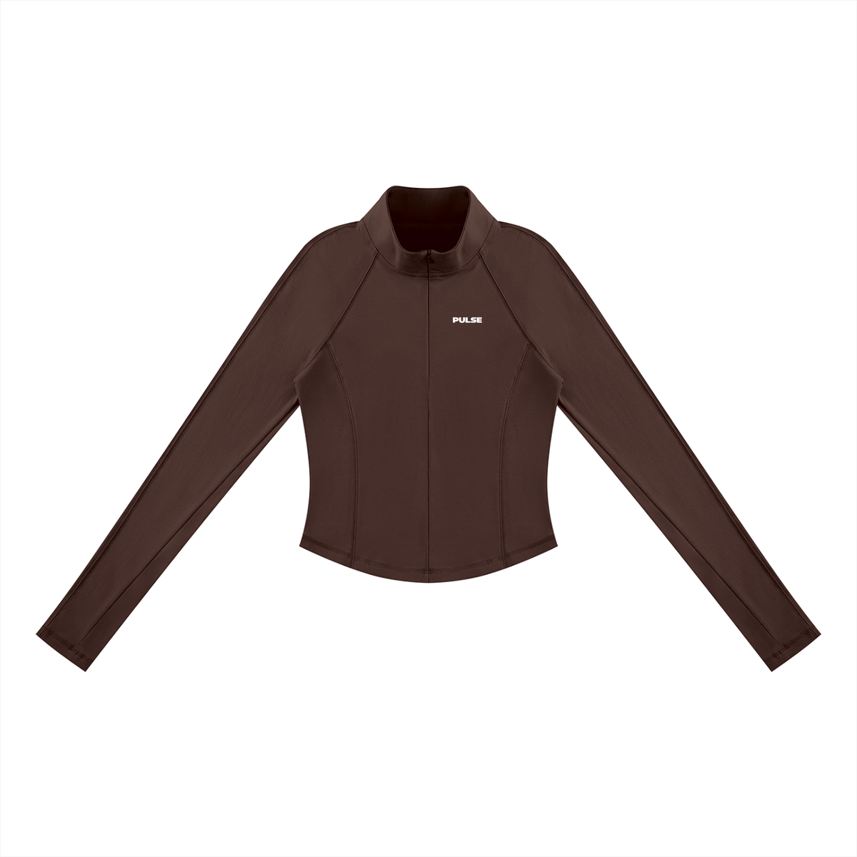 Vorderansicht des PULSE SPECTRE Quarter-Zip Longsleeves für Damen in Dunkelbraun mit körpernahem Schnitt und langen Raglanärmeln.