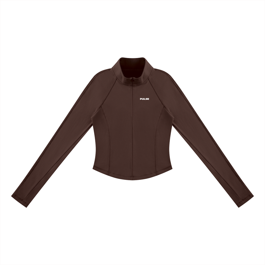 Vorderansicht des PULSE SPECTRE Quarter-Zip Longsleeves für Damen in Dunkelbraun mit körpernahem Schnitt und langen Raglanärmeln.