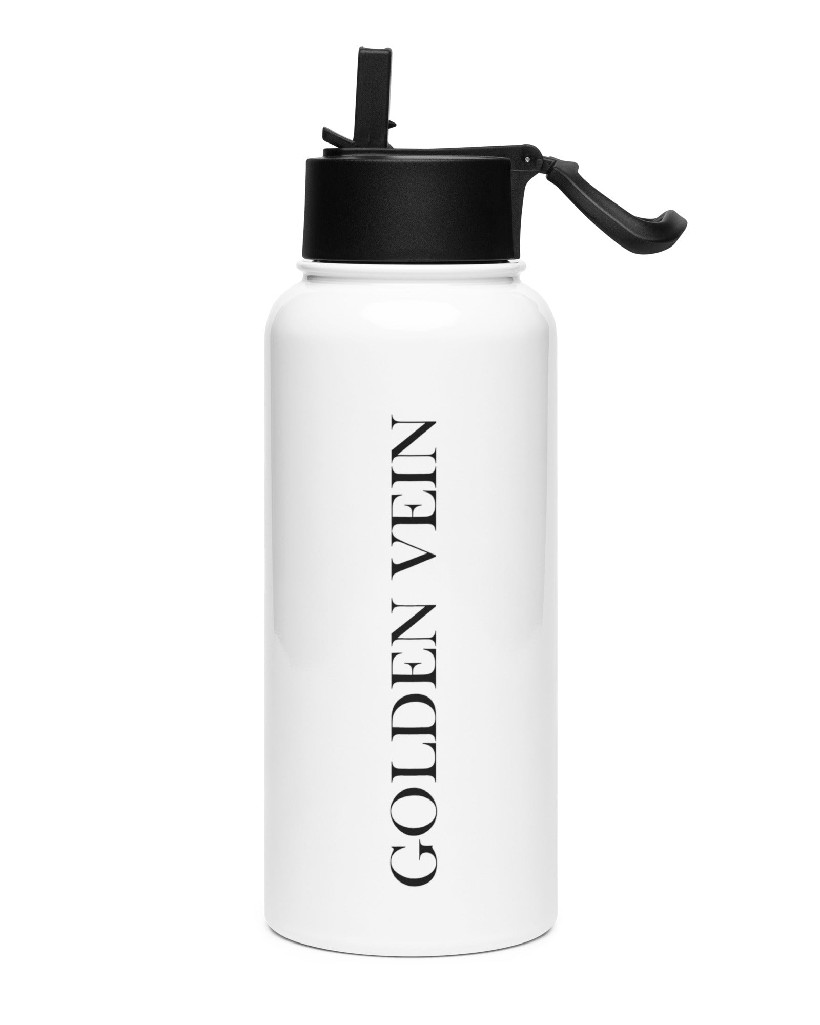 Seitenansicht der Golden Vein Edelstahl-Wasserflasche mit Schriftzug