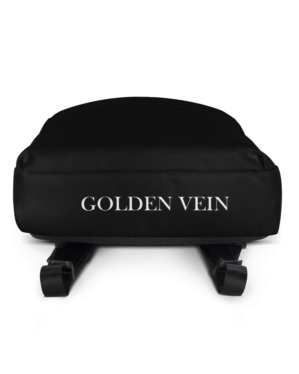 Unterseite des GV Rucksacks in Schwarz mit Golden Vein Schriftzug