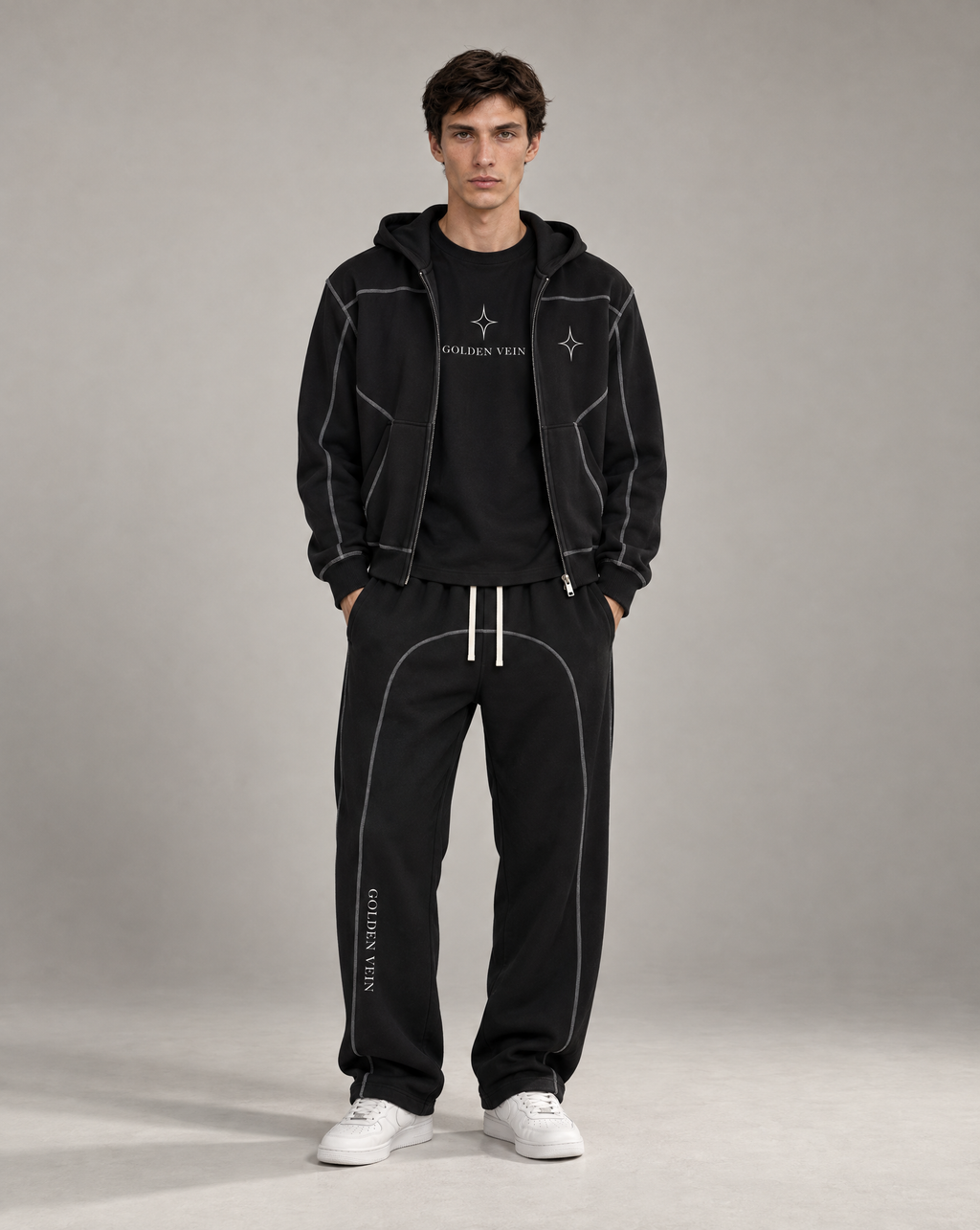 Golden Vein Structure Zip-Hoodie in Schwarz – Vorderansicht