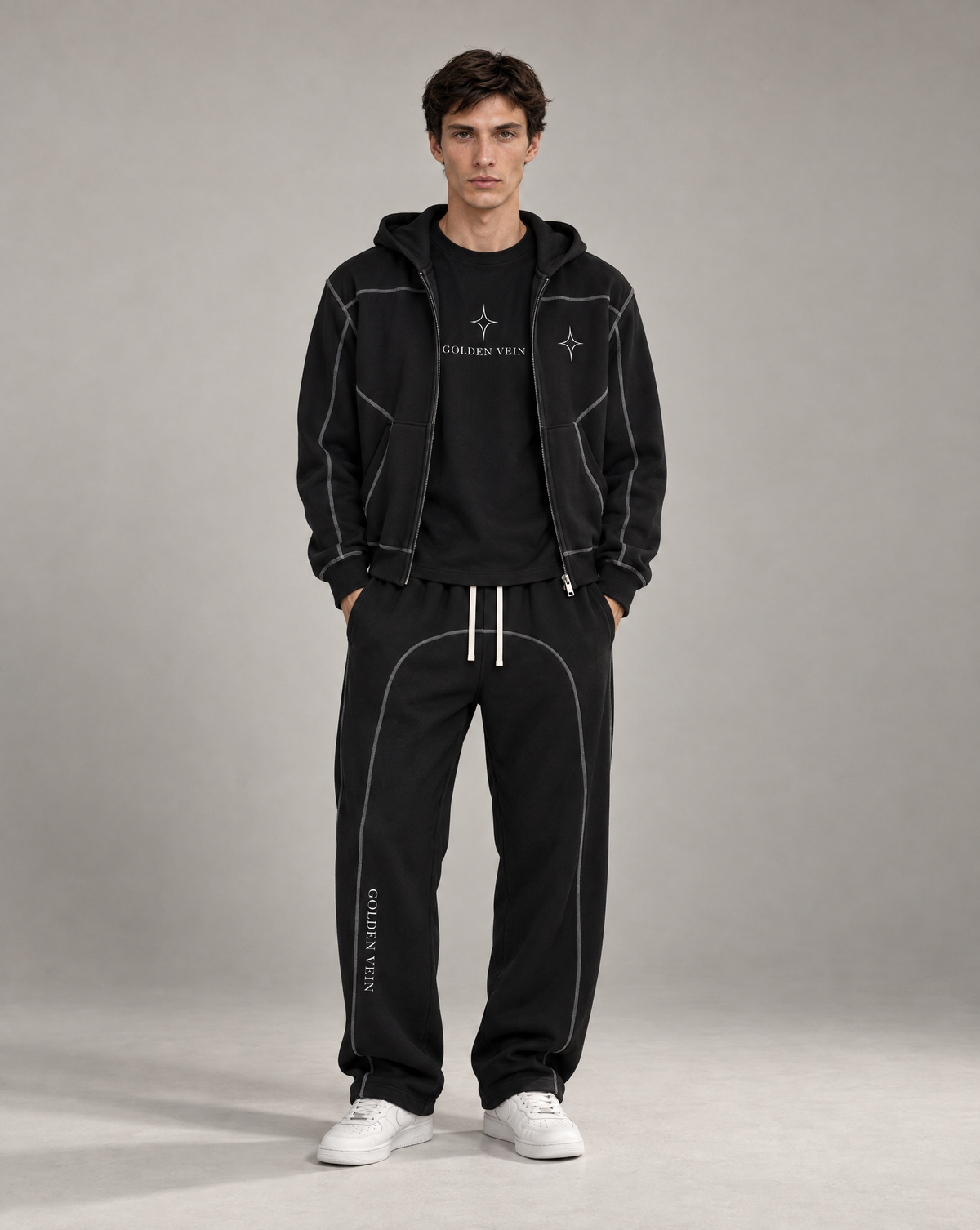 Golden Vein Structure Zip-Hoodie in Schwarz – Vorderansicht