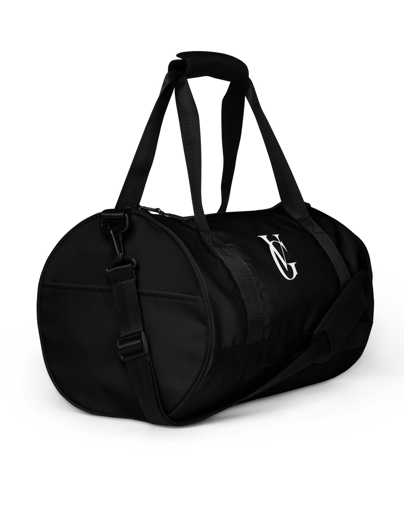 GV Duffle Bag Schwarz in zylindrischer Form, seitliche Ansicht