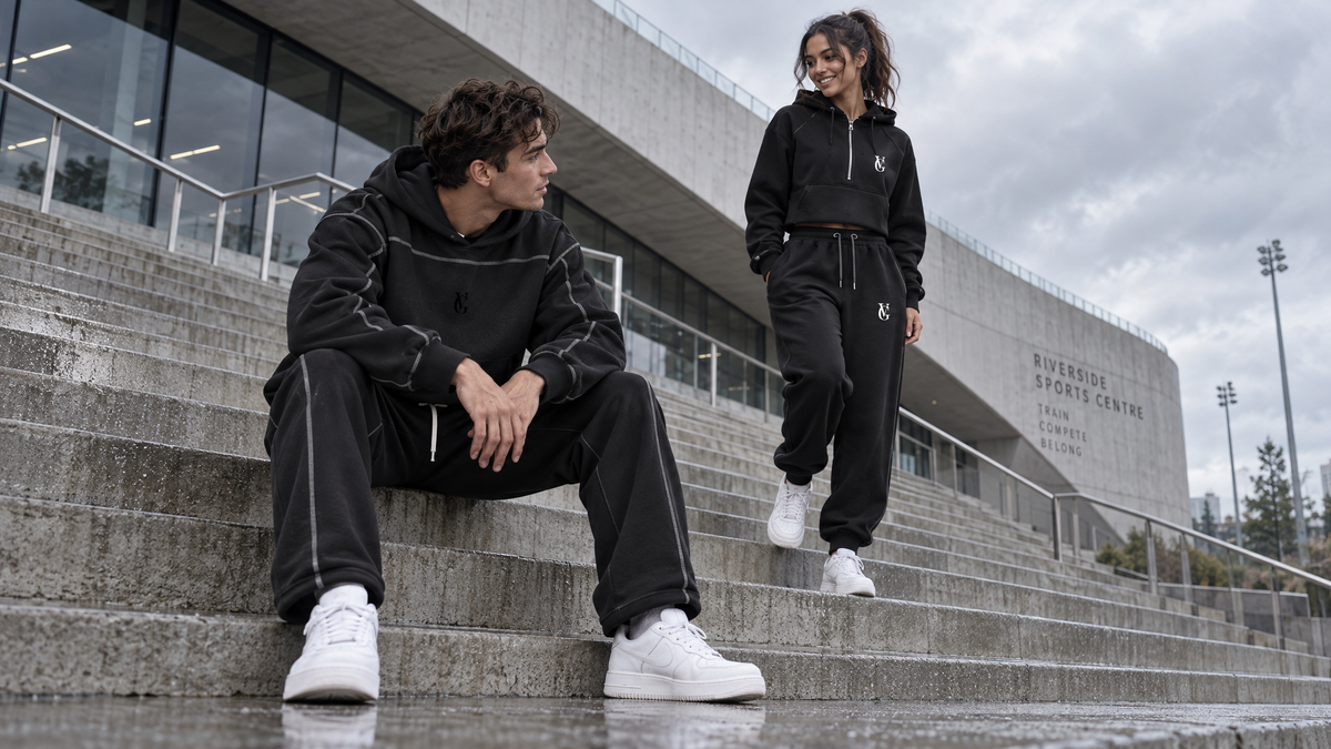 Golden Vein Outfits auf den Stufen vor einer Sportanlage