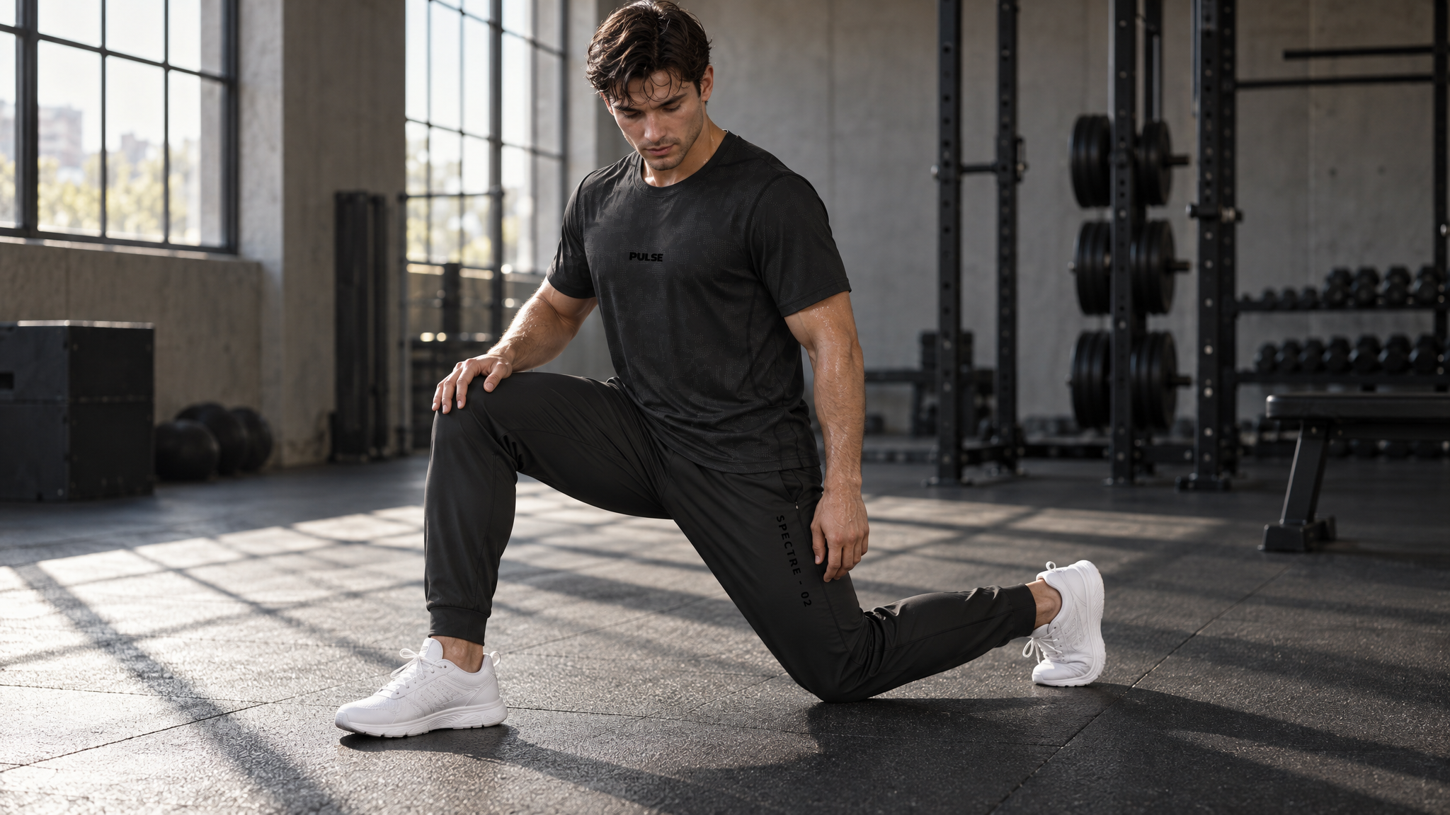 Mann im PULSE Jacquard Shirt und Training Jogger beim Aufwärmen im Gym.