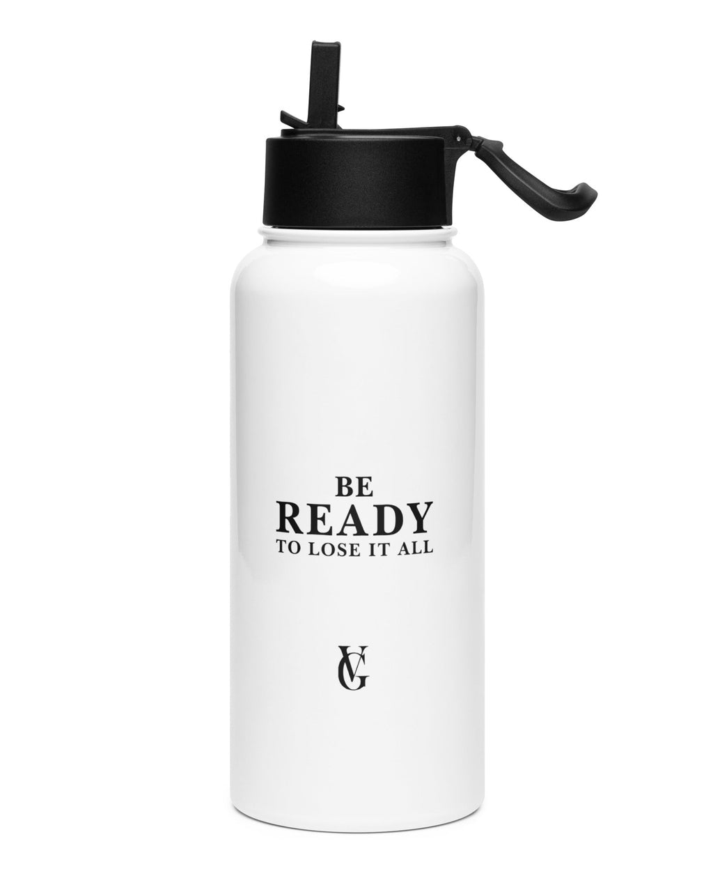 Weiße Edelstahl-Wasserflasche von Golden Vein mit Statement-Print, schräge Frontansicht