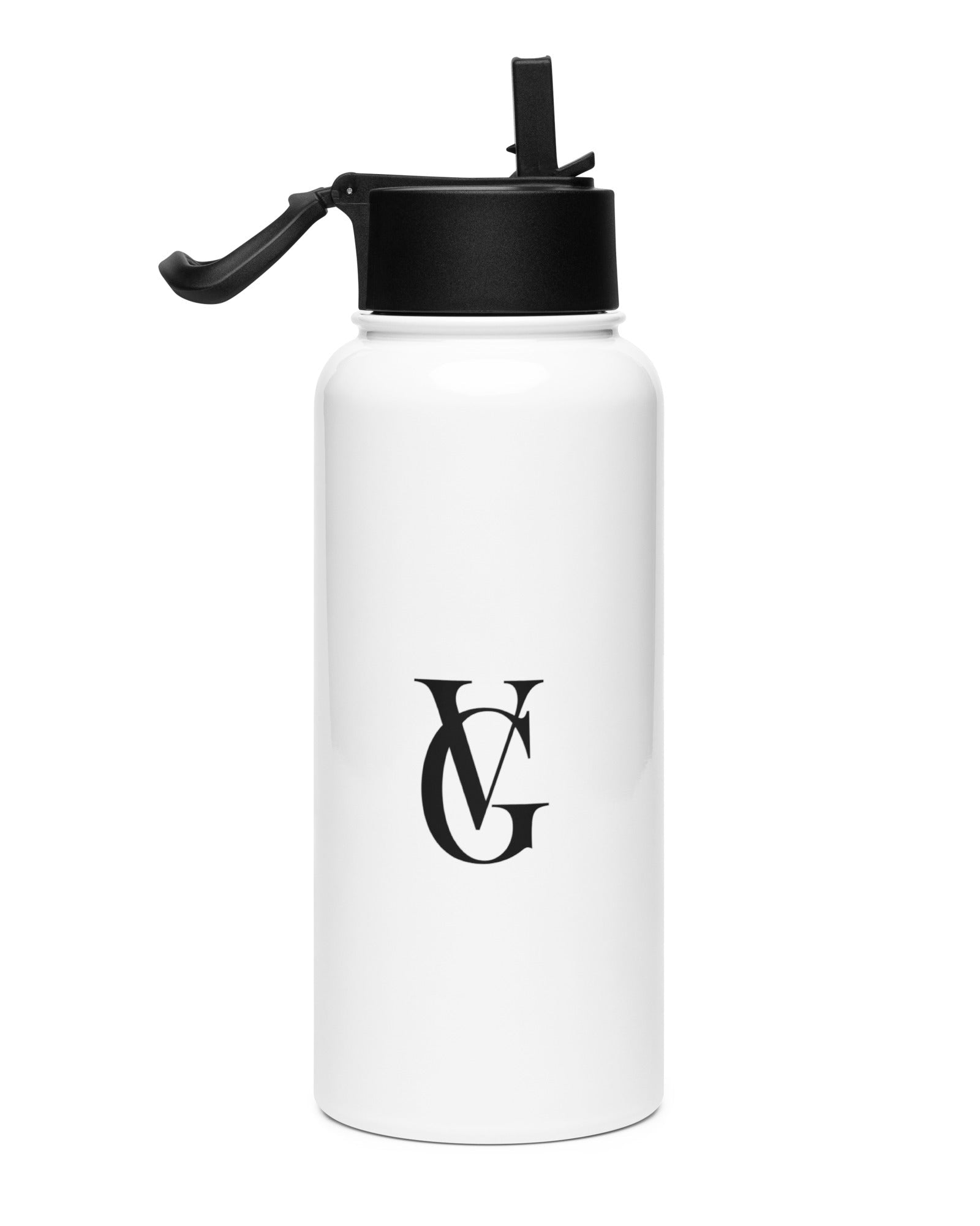 GV Edelstahl-Wasserflasche 950 ml in Weiß mit GV-Logo, Frontansicht