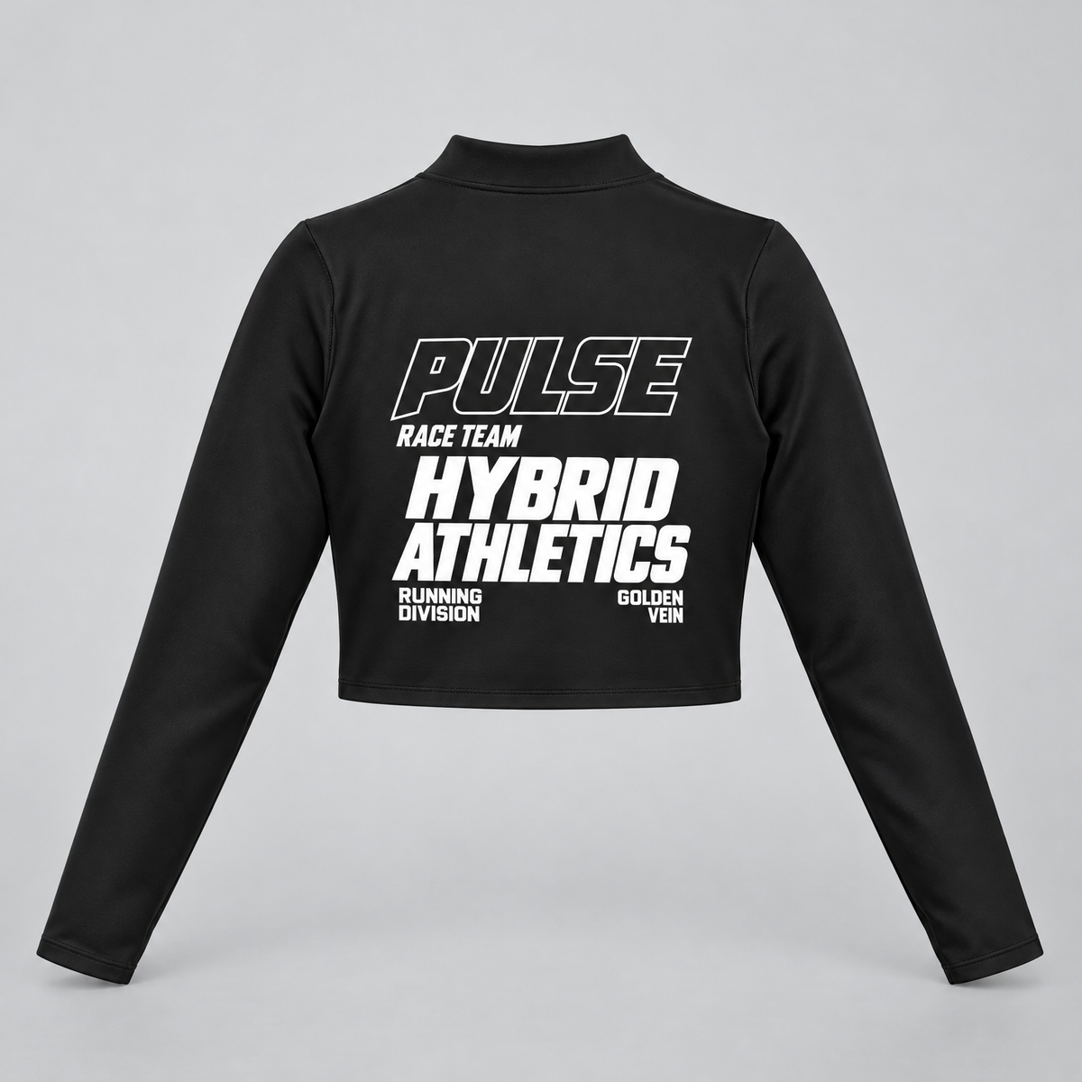 PULSE Cropped Running Jacket — Black, back view — 3D product mockup