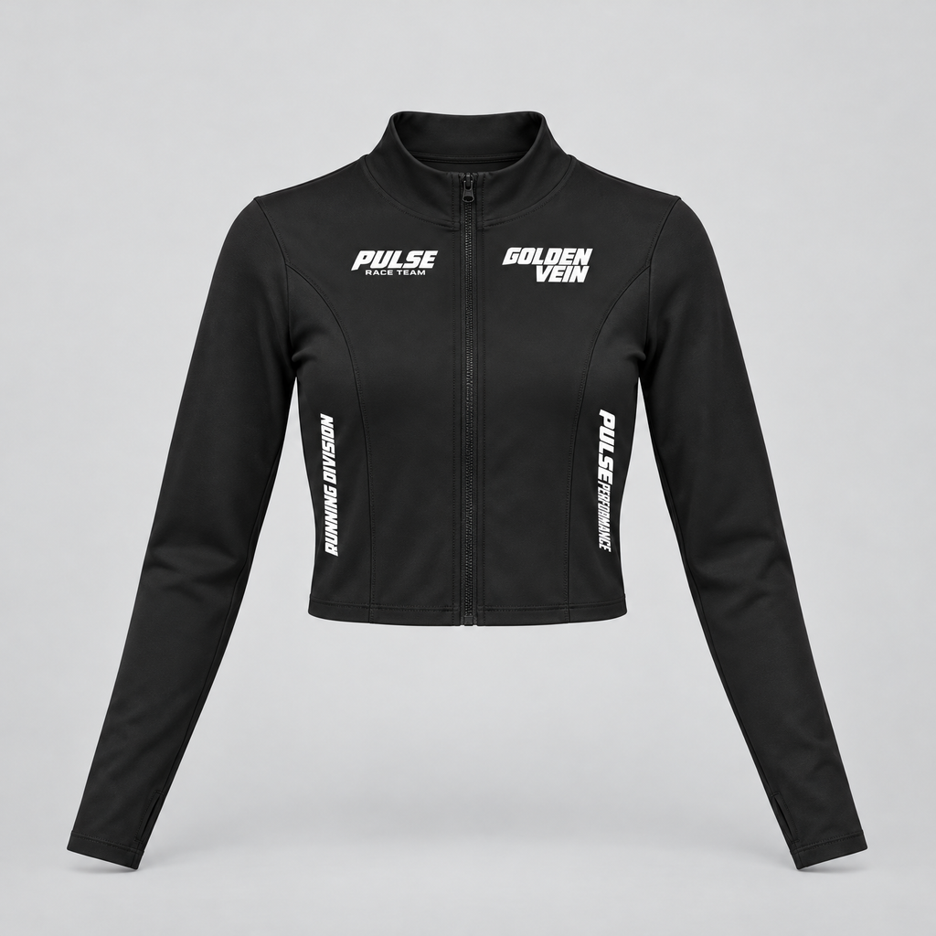 PULSE Cropped Running Jacket — Black, front view — 3D product mockup