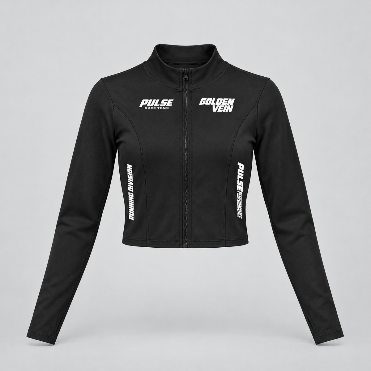 PULSE Cropped Running Jacket — Black, front view — 3D product mockup