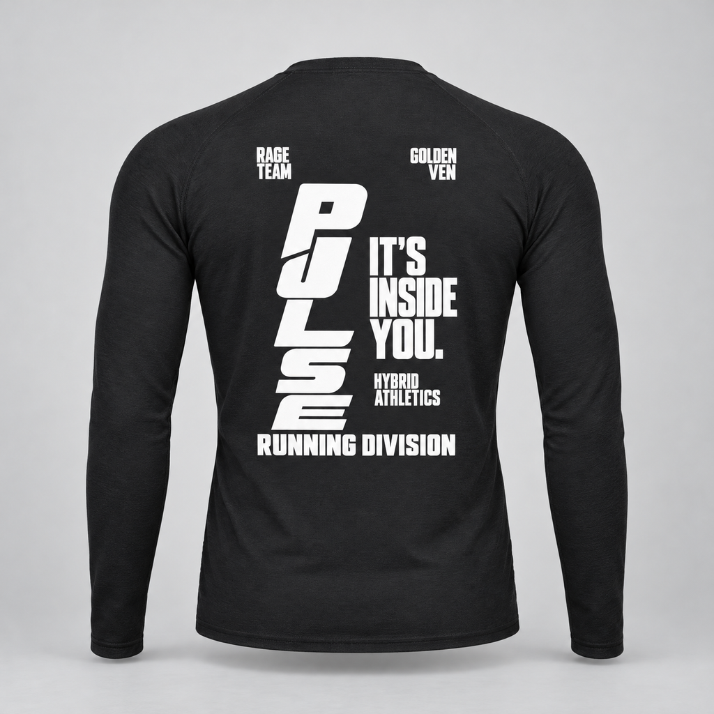 PULSE Fitted Running Long Sleeve — Black, back view — 3D product mockup