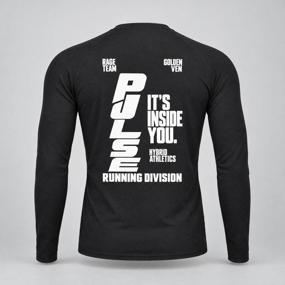 PULSE Fitted Running Long Sleeve — Black, back view — 3D product mockup