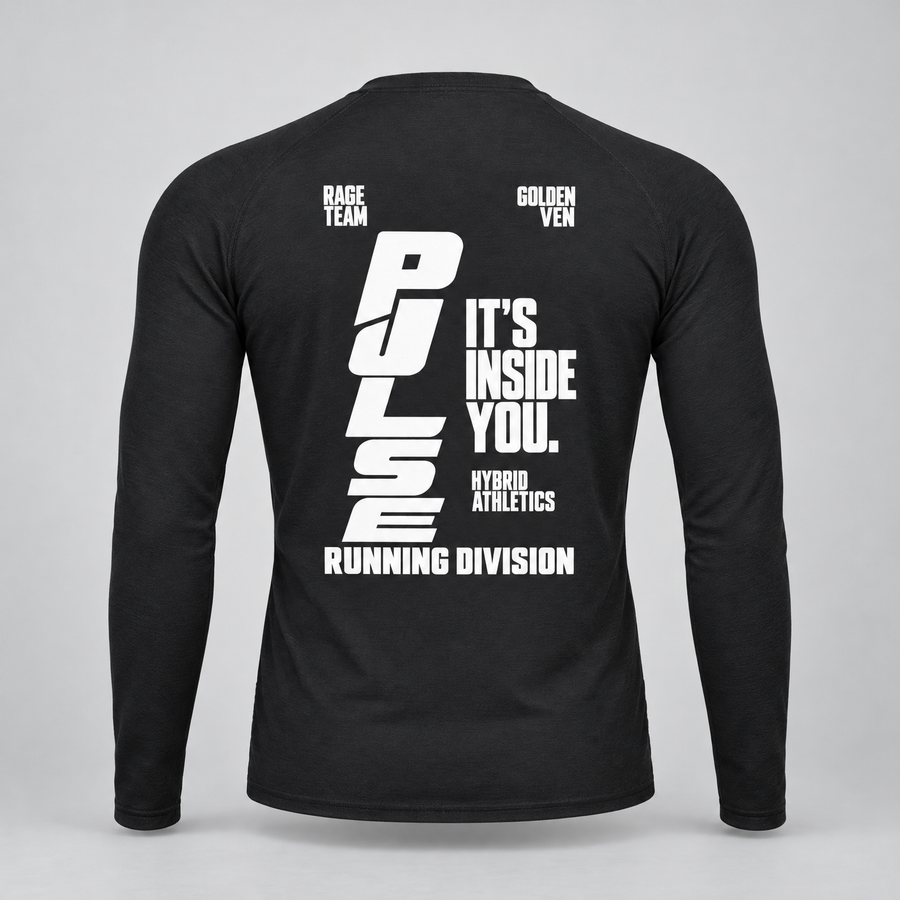 PULSE Fitted Running Long Sleeve — Black, back view — 3D product mockup