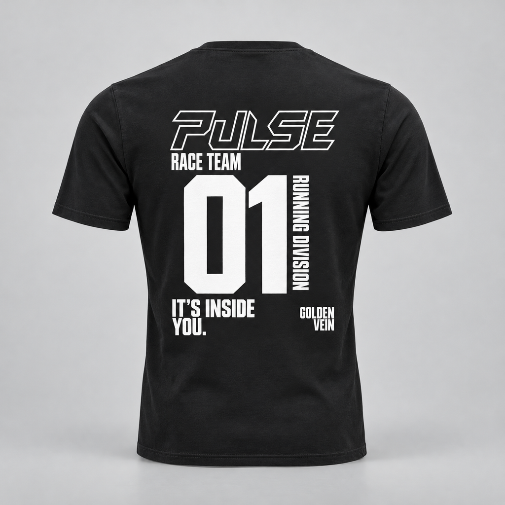 PULSE Fitted Running Tee — Black, back view — 3D product mockup