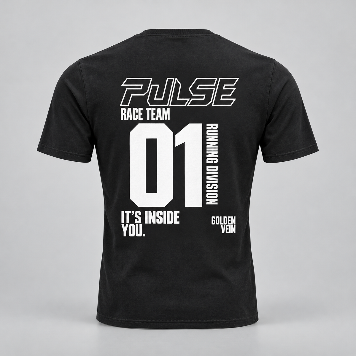 PULSE Fitted Running Tee — Black, back view — 3D product mockup