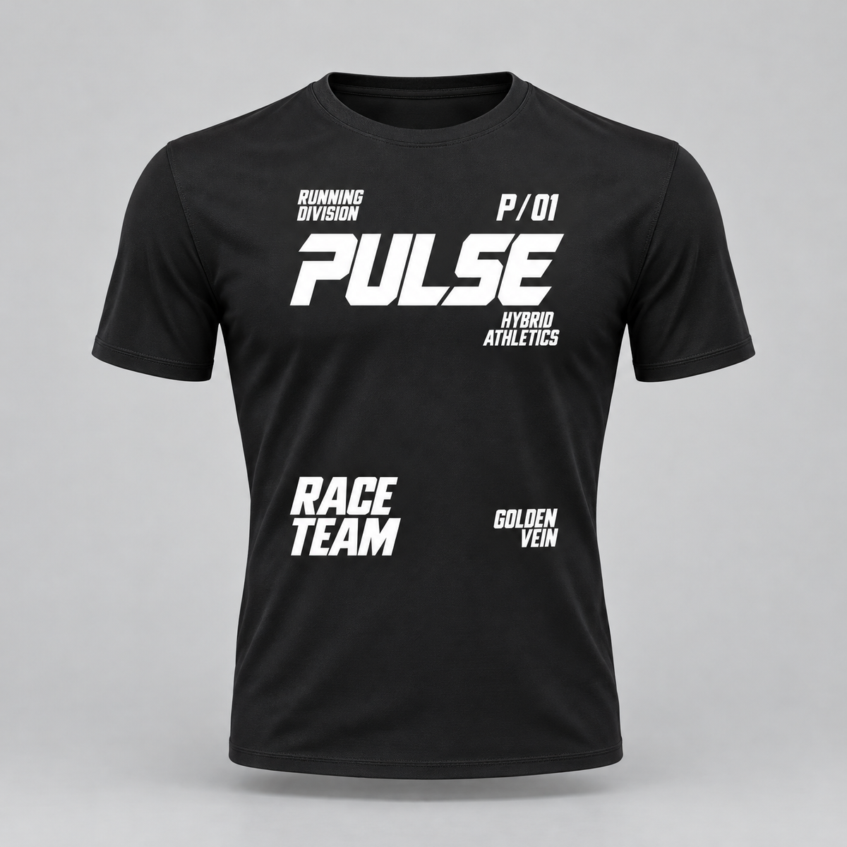 PULSE Fitted Running Tee — Black, front view — 3D product mockup