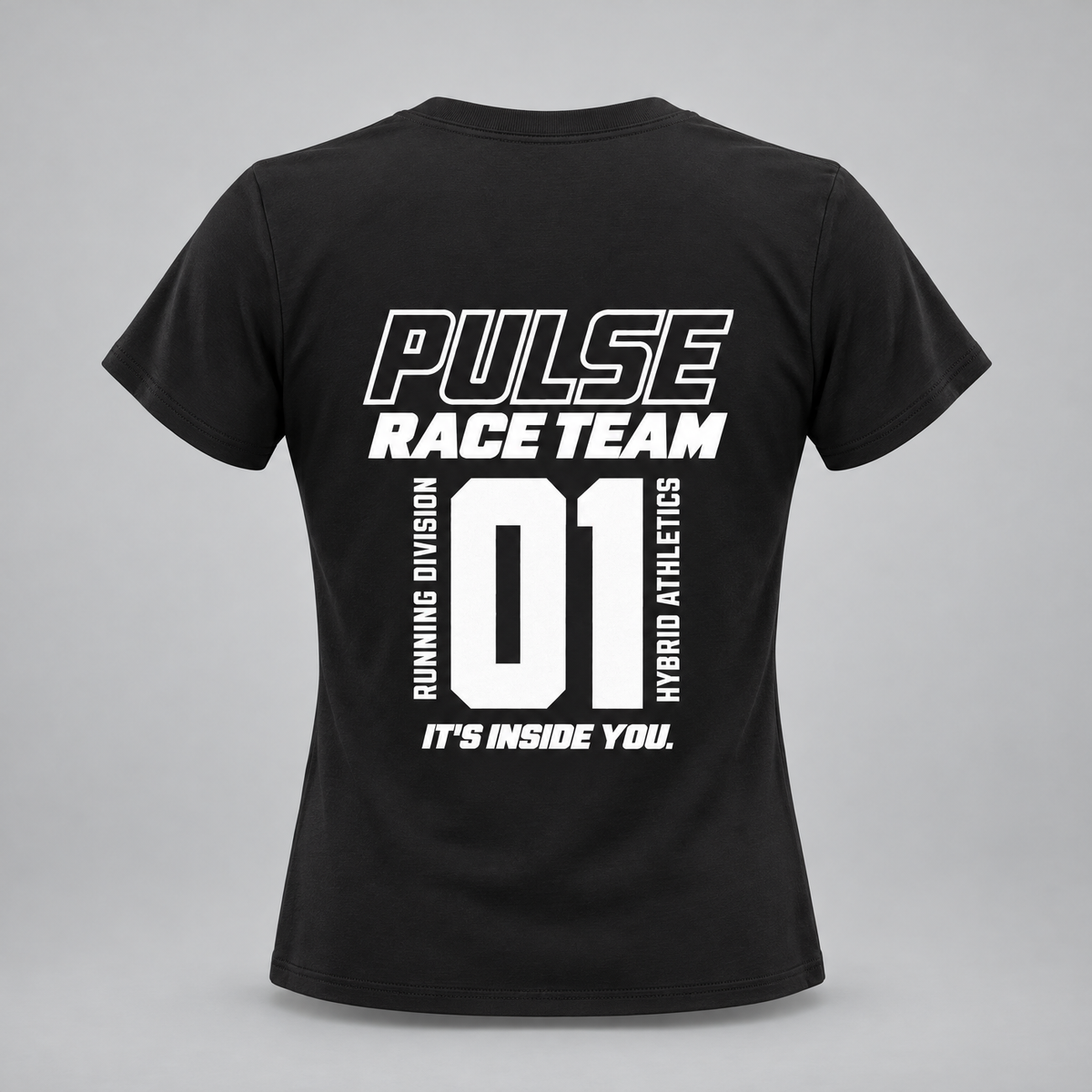 PULSE Fitted Running Tee — Women — Black, back view — 3D product mockup