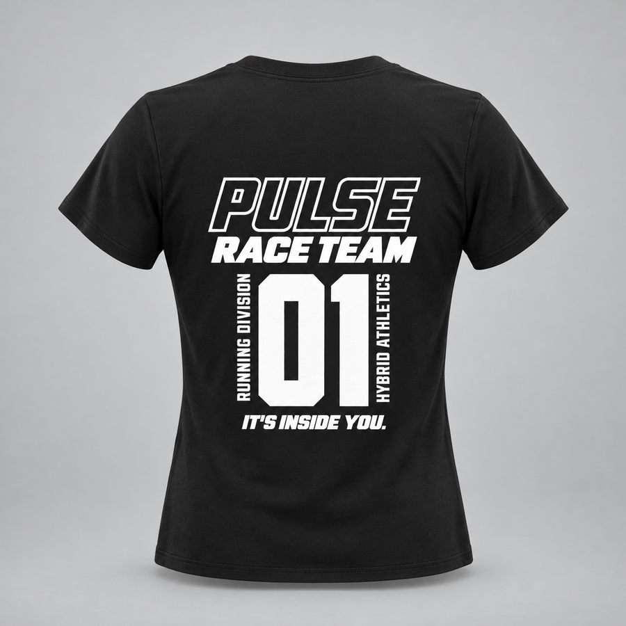 PULSE Fitted Running Tee — Women — Black, back view — 3D product mockup