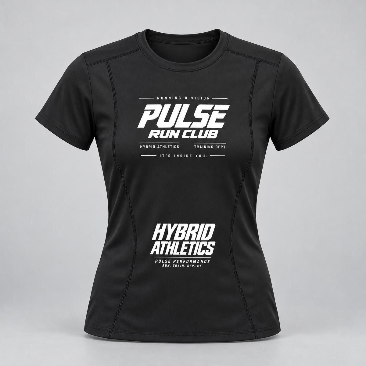 PULSE Fitted Running Tee — Women — Black, front view — 3D product mockup