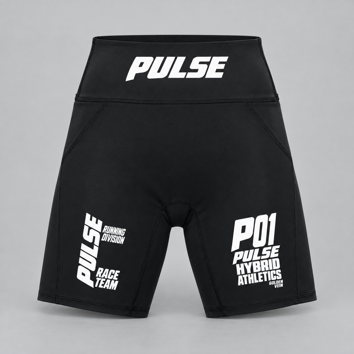 PULSE High-Waist Running Shorts — Black, front view — 3D product mockup
