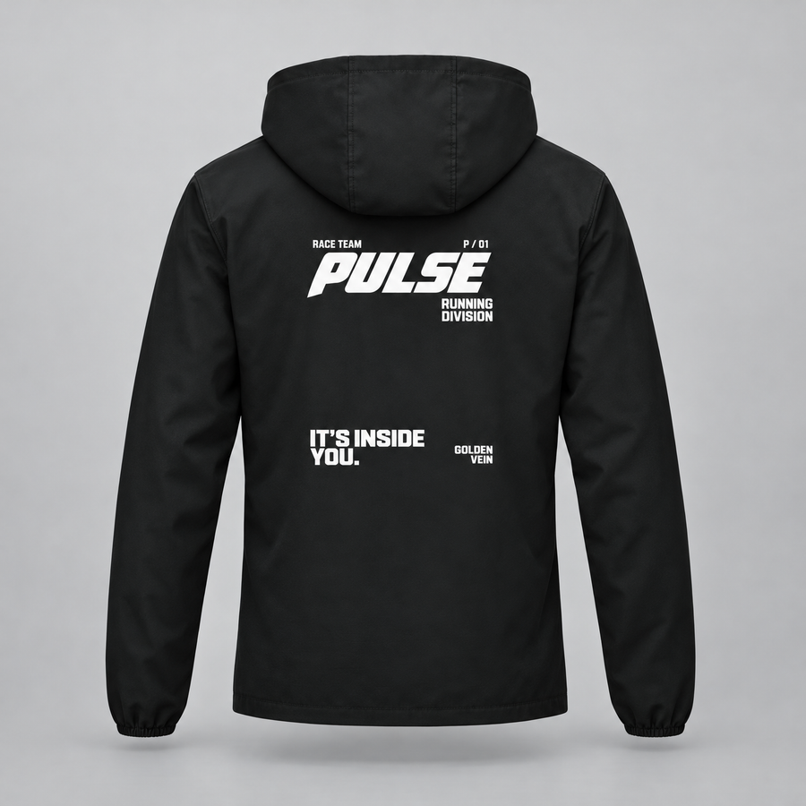 PULSE Hooded Running Jacket — Dark Gray, back view — 3D product mockup