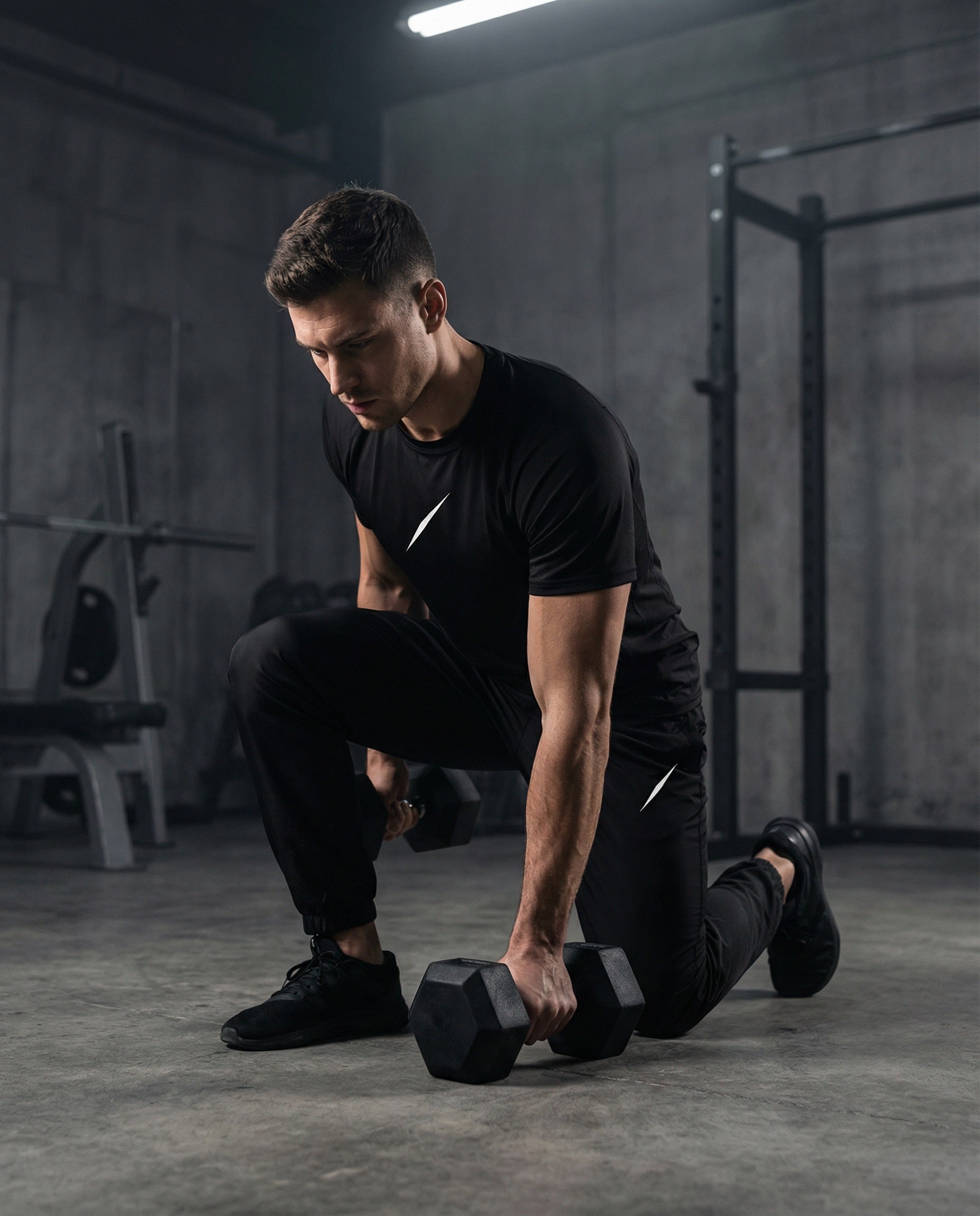 Athlet trainiert mit Kurzhanteln im Fitnessstudio und trägt schwarzes Performance-Set