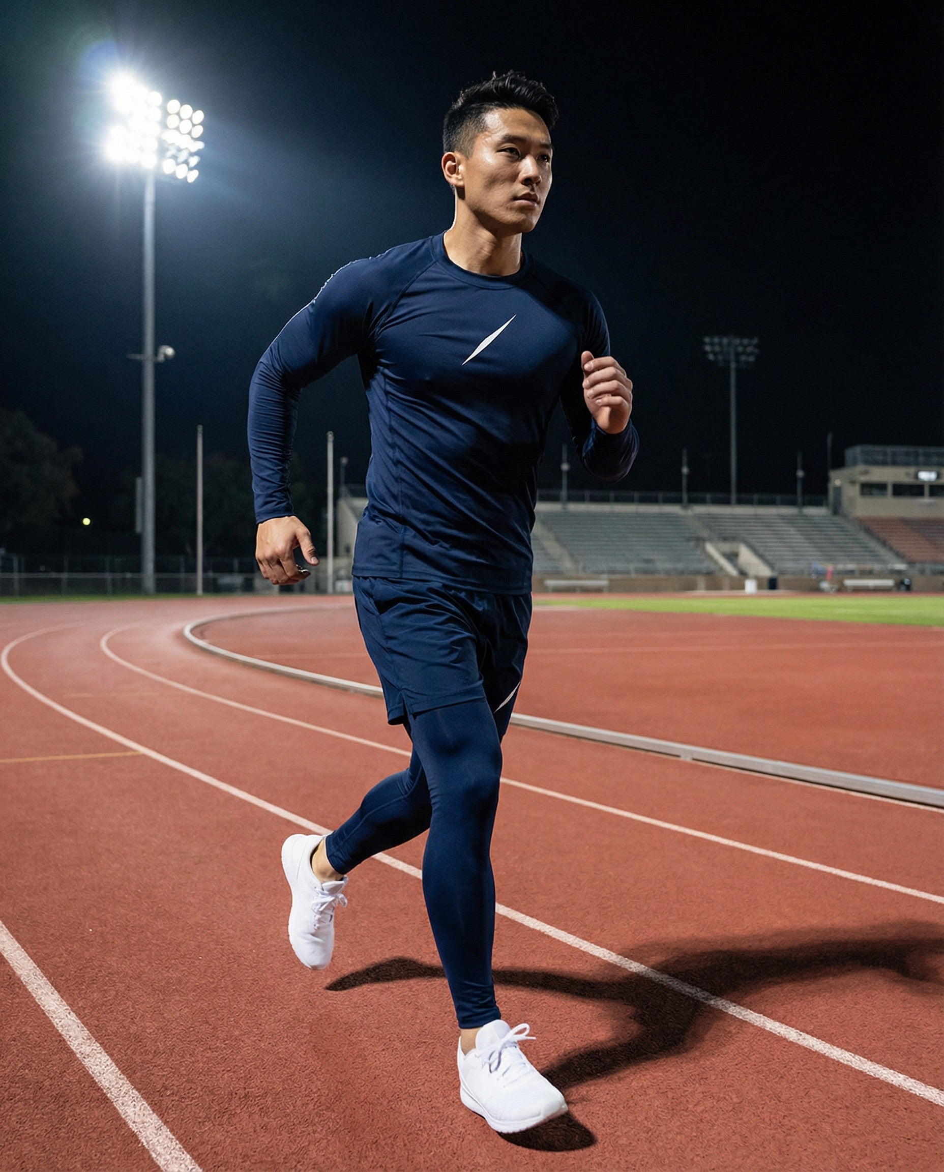 Athlet joggt auf der Laufbahn bei Nacht und trägt dunkelblaues Performance-Set