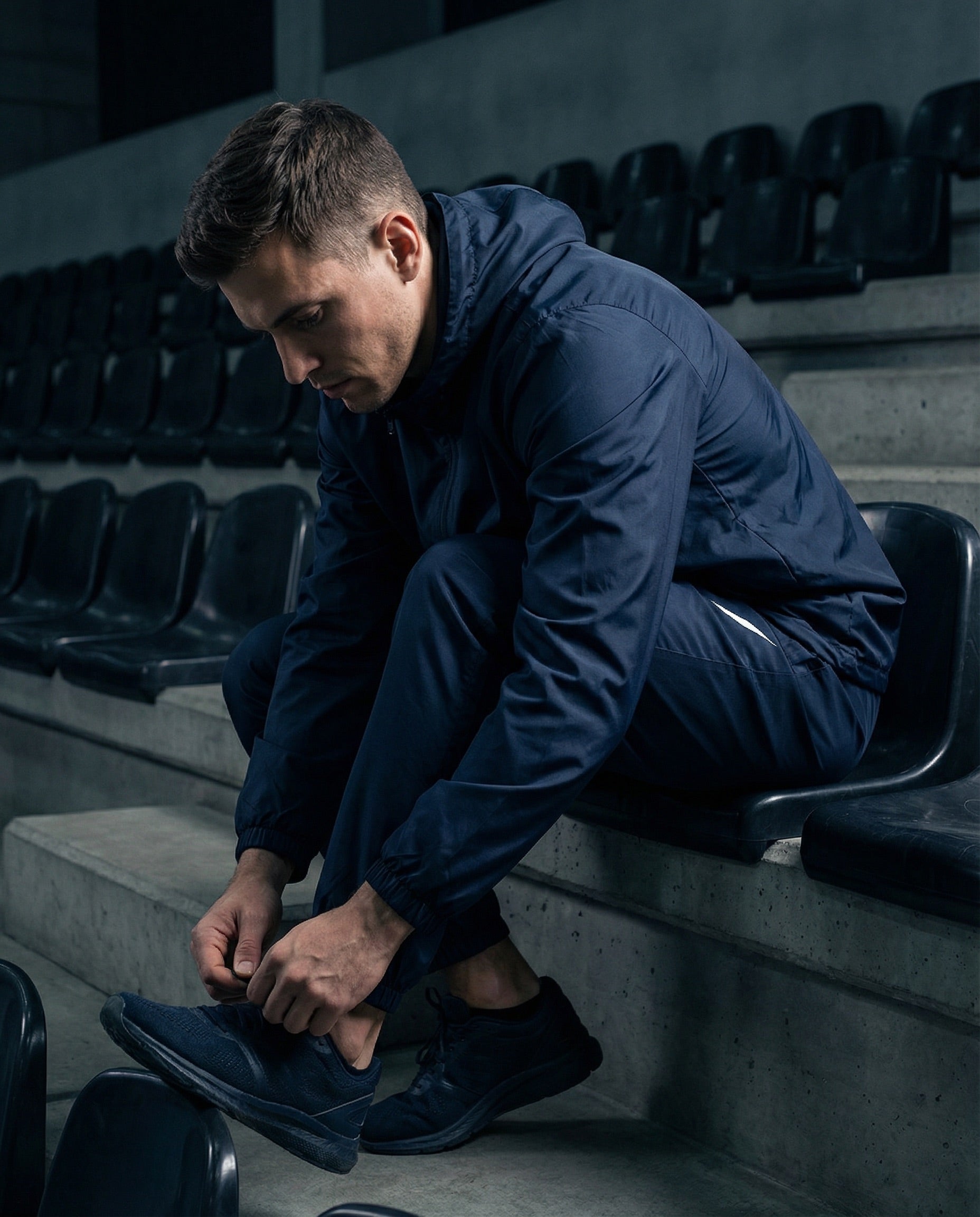 Athlet sitzt im Stadion und bindet seine Sportschuhe vor dem Training