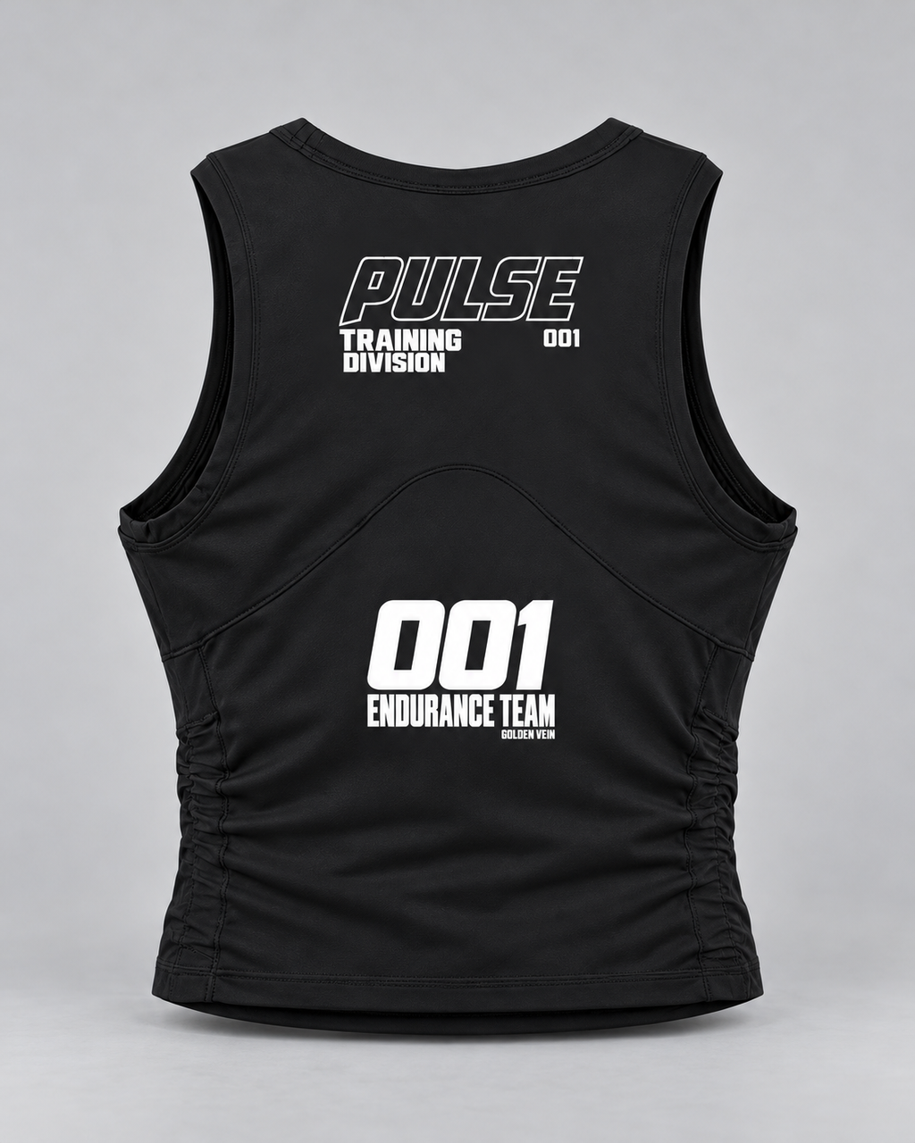 PULSE Panelled Running Tank — Black, back view — 3D product mockup
