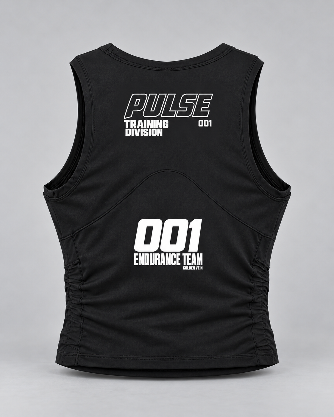 PULSE Panelled Running Tank — Black, back view — 3D product mockup
