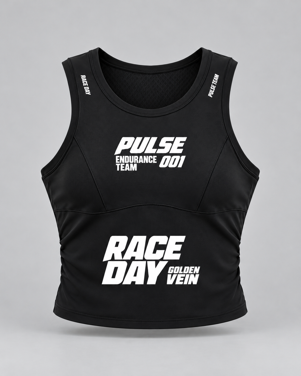 PULSE Panelled Running Tank — Black, front view — 3D product mockup