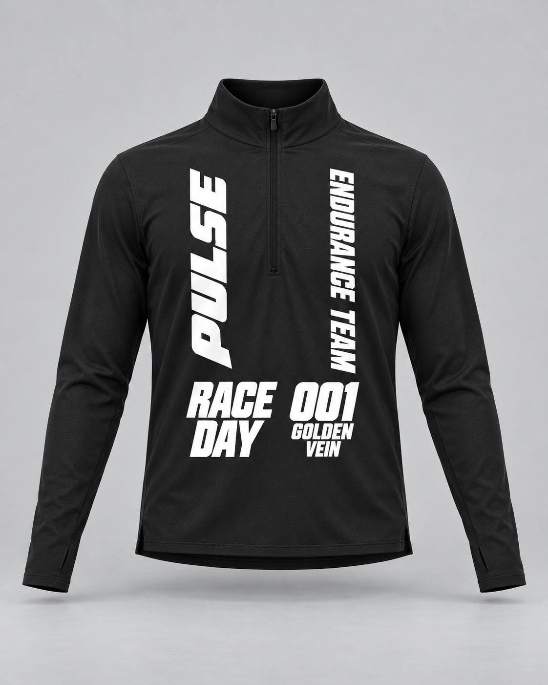 PULSE Quarter-Zip Running Long Sleeve — Black, front view — 3D product mockup