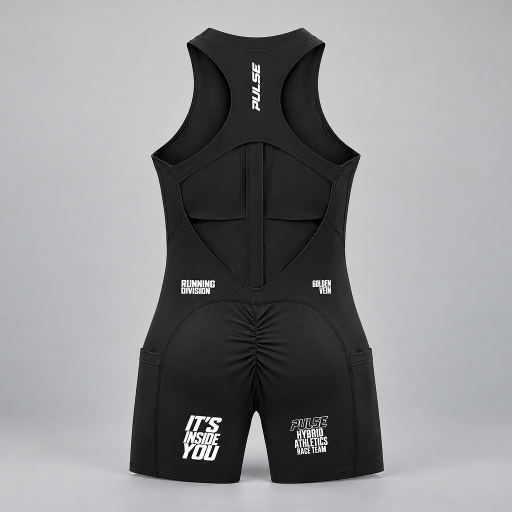 PULSE Quarter-Zip Running Romper — Black, back view — 3D product mockup