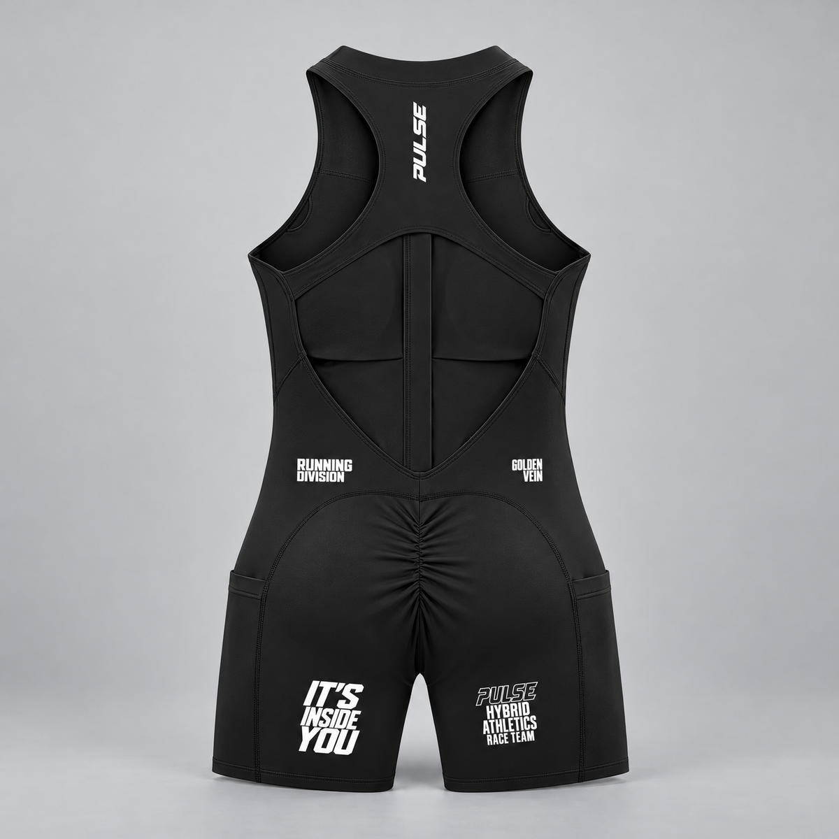 PULSE Quarter-Zip Running Romper — Black, back view — 3D product mockup