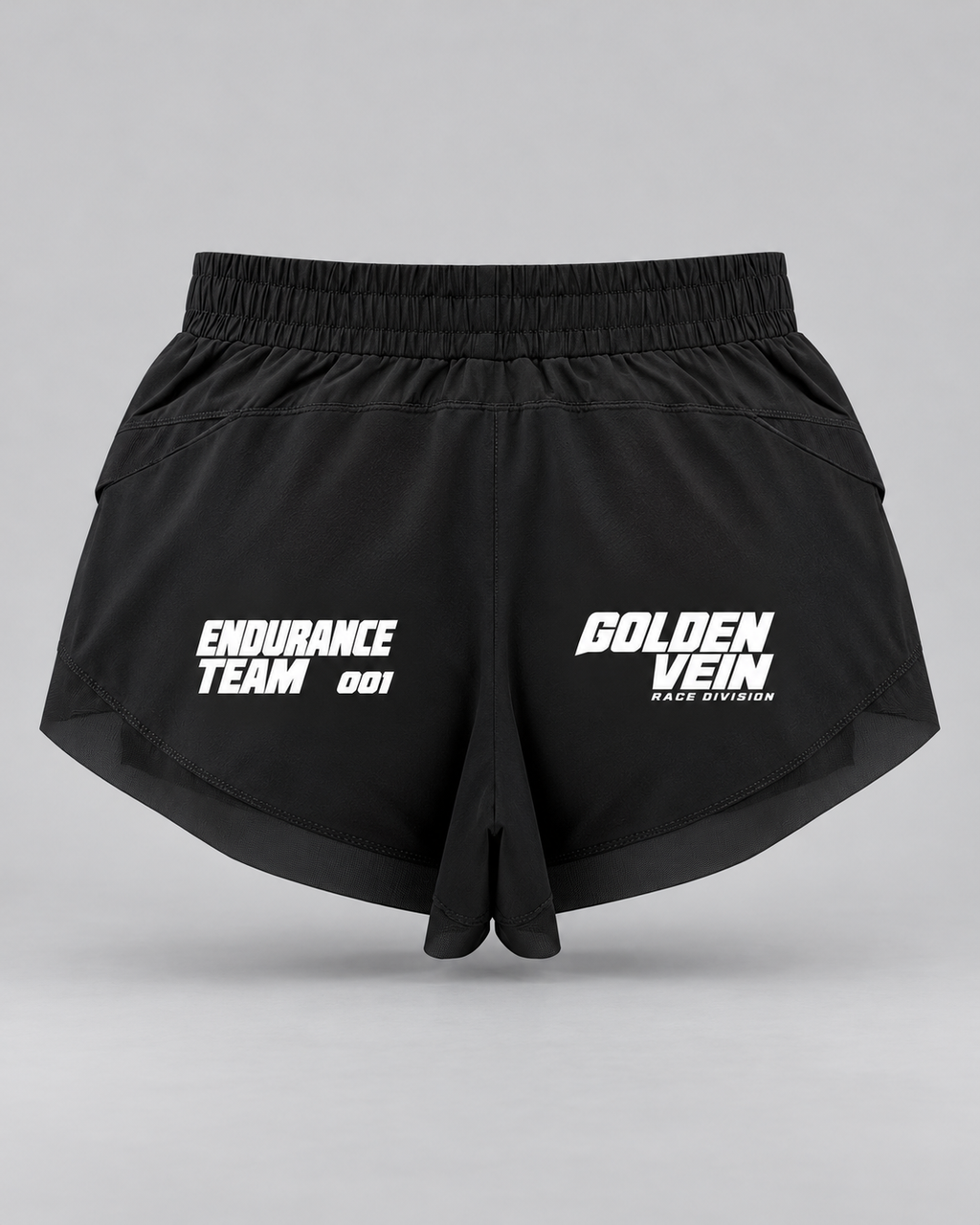 PULSE Race Day Running Shorts — Black, back view — 3D product mockup